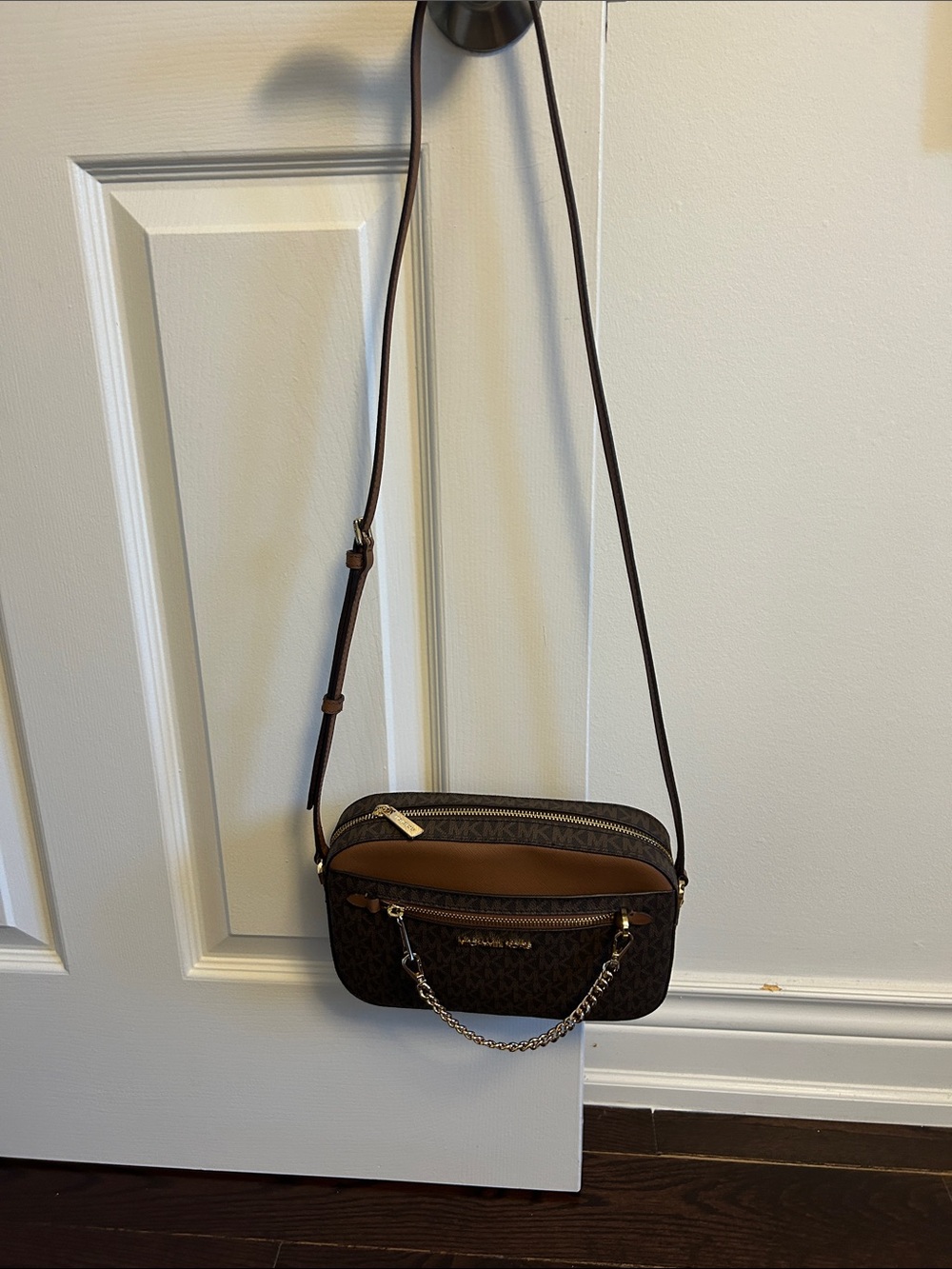 Michael Kors Brown Logo Crossbody with Gold Chain Detail